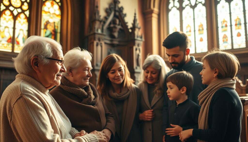 A serene multigenerational family gathering, with grandparents, parents, and children sharing a moment of reflection and connection. The scene is bathed in warm, golden light filtering through stained glass windows, casting a reverent atmosphere. In the foreground, the elders impart wisdom and guidance to the younger generations, their expressions filled with care and purpose. In the middle ground, parents and children engage in thoughtful discussion, passing down traditions and values. The background depicts a timeless church interior, its ornate architecture and sacred ambiance underscoring the enduring legacy of faith and stewardship. The composition conveys a sense of harmony, tradition, and the profound responsibility of generational stewardship.