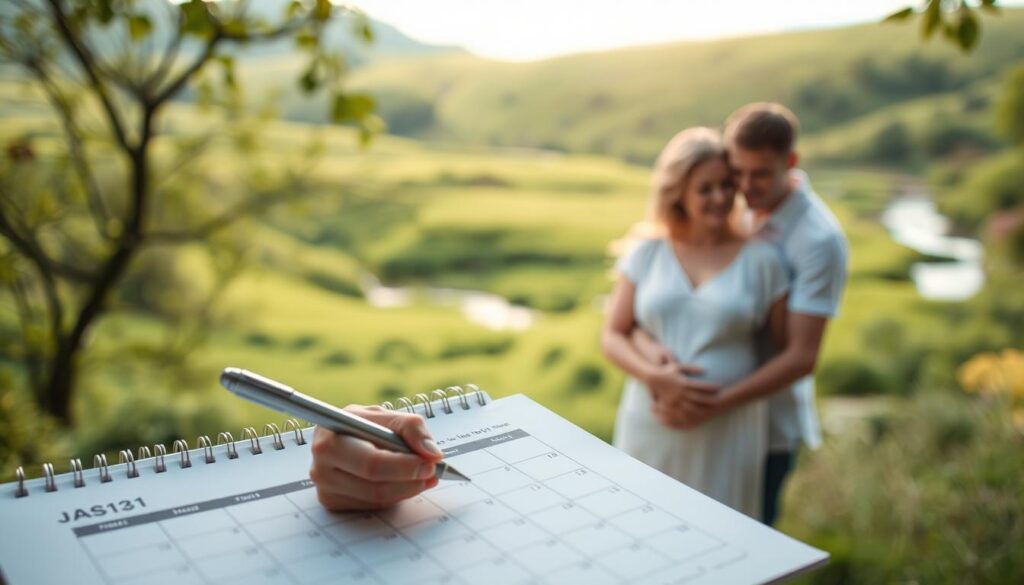 A serene, natural scene depicting the rhythm method of natural family planning. In the foreground, a woman tracks her menstrual cycle on a calendar, using a pen with a soft, warm light casting a glow. The middle ground features a couple embracing, their expressions conveying affection and intimacy. In the background, a lush, verdant landscape with rolling hills and a tranquil stream, symbolizing the harmony of natural rhythms. The lighting is soft and diffused, creating a calming, contemplative atmosphere. The image captures the essence of the rhythm method - a natural, holistic approach to family planning rooted in observation and mutual understanding between partners.