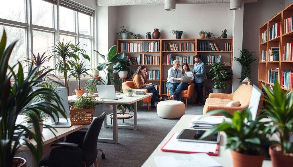 A serene office space filled with natural light, potted plants, and a cozy seating area. In the foreground, a person sits at a well-organized desk, focused on their laptop. Nearby, a group of colleagues collaborate on a project, their expressions animated and engaged. Bookshelves line the walls, hinting at the wealth of knowledge and resources available. The atmosphere is one of productivity, growth, and a commitment to professional development, reflecting the values of the Lutheran Church Charities organization. Soft, warm tones create a welcoming and inspiring environment.