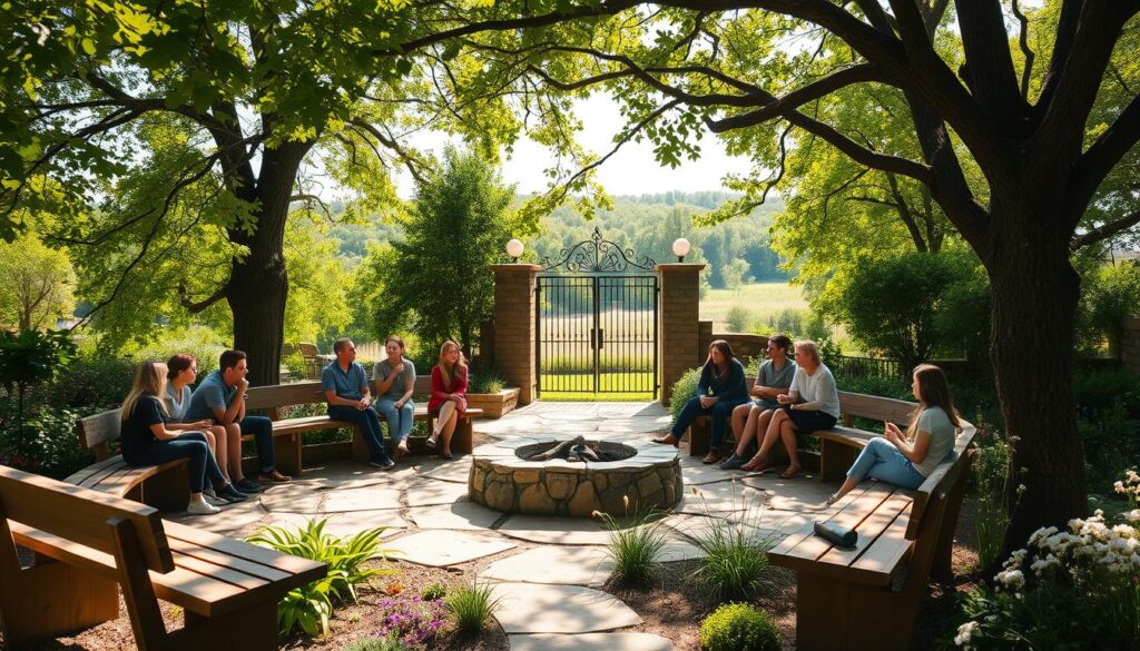 A serene outdoor classroom nestled within a lush Lutheran garden. Dappled sunlight filters through the canopy of mature trees, casting a warm glow on the wooden benches and natural stone pathways. In the foreground, a group of students engaged in animated discussion, their faces alight with curiosity. The middle ground features a central gathering area with a stone-lined firepit, surrounded by native plants and flowers that sway gently in the breeze. In the background, a wrought-iron gate opens to a verdant expanse, hinting at the garden's tranquil setting. The scene exudes a sense of community, learning, and a deep connection to the natural world.
