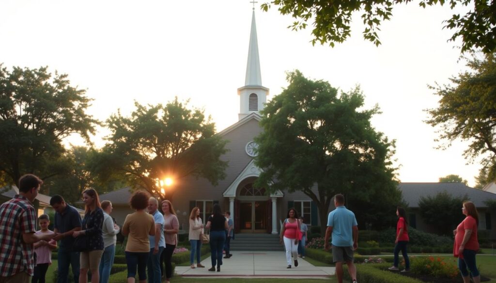 A serene outdoor scene of Christ the King Lutheran Church's community outreach programs. In the foreground, a diverse group of people engage in various activities - volunteering at a food pantry, hosting a neighborhood block party, or leading a youth mentorship program. The middle ground features the church's welcoming entrance, its steeple rising majestically against a soft, golden-hour sky. Lush, verdant trees and well-tended gardens frame the scene, conveying a sense of warmth, inclusivity, and the church's deep commitment to serving its local community. Subtle natural lighting bathes the entire composition, creating a tranquil, inviting atmosphere that reflects the church's values of faith, fellowship, and service.