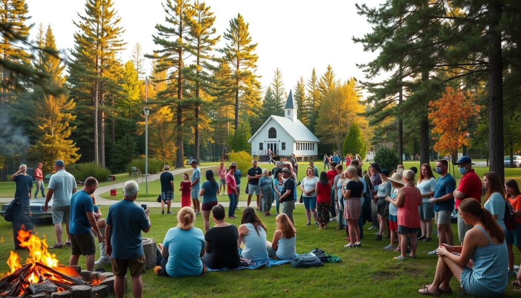 A serene outdoor scene with a group of people engaged in various Lutheran ministry activities. In the foreground, a group of adults and children gathered around a campfire, sharing stories and s'mores. In the middle ground, a large group participates in a guided nature walk, observing wildlife and foliage. In the background, a lakeside chapel stands amidst towering pine trees, bathed in soft, golden late afternoon light. The atmosphere is one of community, tranquility, and a deep connection to the natural world.
