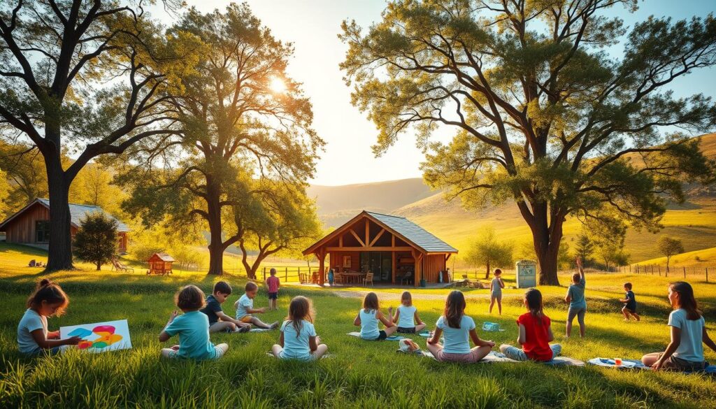 A serene outdoor setting with a lush, verdant landscape. In the foreground, a group of children engaged in various holistic development activities - some are painting vibrant abstract designs, others are building structures with natural materials, and a few are practicing gentle yoga poses. The middle ground features a cozy, timber-framed daycare center surrounded by towering trees, bathed in warm, golden sunlight filtering through the canopy. In the background, rolling hills and a clear, azure sky create a tranquil, nurturing atmosphere. The scene conveys a sense of balance, creativity, and wholesome growth, reflecting the comprehensive approach to early childhood development.