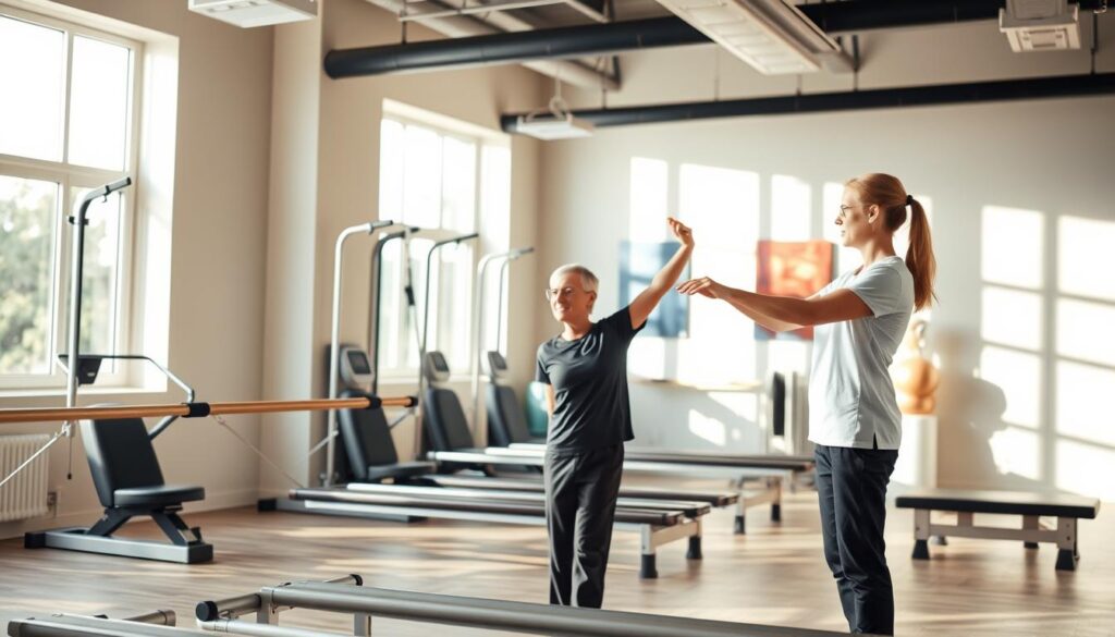 A serene rehabilitation center, bathed in warm, natural light filtering through large windows. In the foreground, a patient diligently performs stretching exercises under the watchful guidance of a skilled physical therapist. The middle ground showcases state-of-the-art equipment, including parallel bars and exercise machines, all meticulously arranged to facilitate a holistic recovery journey. The background features calming, neutral-toned walls and soothing artwork, creating an atmosphere of tranquility and healing. The scene conveys a sense of dedicated care, empowering the patient's progress through personalized attention and cutting-edge rehabilitation techniques.