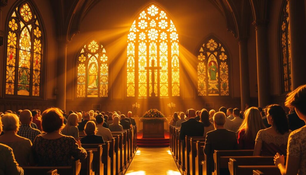A serene sanctuary bathed in warm, golden light, where worshippers gather in reverence. Intricate stained-glass windows cast kaleidoscopic patterns on the wooden pews, creating an atmosphere of profound contemplation. In the foreground, a choir lifts their voices in harmonious praise, their faces reflecting the depth of their faith. The altar, adorned with delicate floral arrangements, stands as a focal point, inviting the faithful to connect with the divine. A sense of profound tranquility pervades the scene, as the congregation embraces the richness of their spiritual journey, finding solace and inspiration in this sacred space.