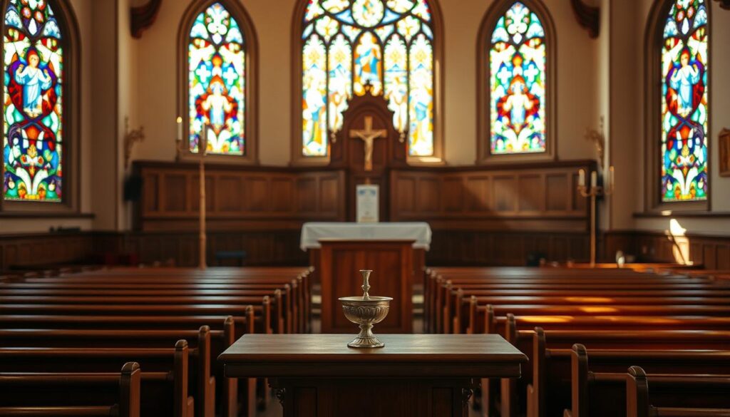 A serene sanctuary bathed in warm, natural light. In the foreground, a wooden altar adorned with a simple cross and a silver chalice, symbolizing the sacrament of Holy Communion. Flanking the altar, two ornate candelabras cast a soft, flickering glow. In the middle ground, rows of polished wooden pews face the altar, inviting the faithful to gather and partake in the means of grace. The background features intricate stained-glass windows, their vibrant hues casting a kaleidoscope of colors throughout the space, creating a reverent and contemplative atmosphere.