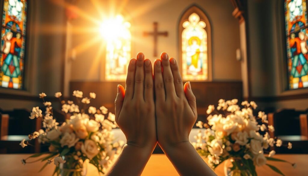A serene sanctuary bathed in warm, soft lighting. At the center, two hands gently cupped, symbolizing the Sacraments of Healing - the Anointing of the Sick and Reconciliation. Surrounding them, delicate floral arrangements in muted tones, representing renewal and spiritual growth. In the background, stained glass windows cast a heavenly glow, creating an atmosphere of sacred contemplation. The composition is balanced, with a sense of reverence and tranquility pervading the scene. Vignette-style framing draws the viewer's focus to the core elements, inviting a deeper reflection on the restorative power of these sacramental rites.