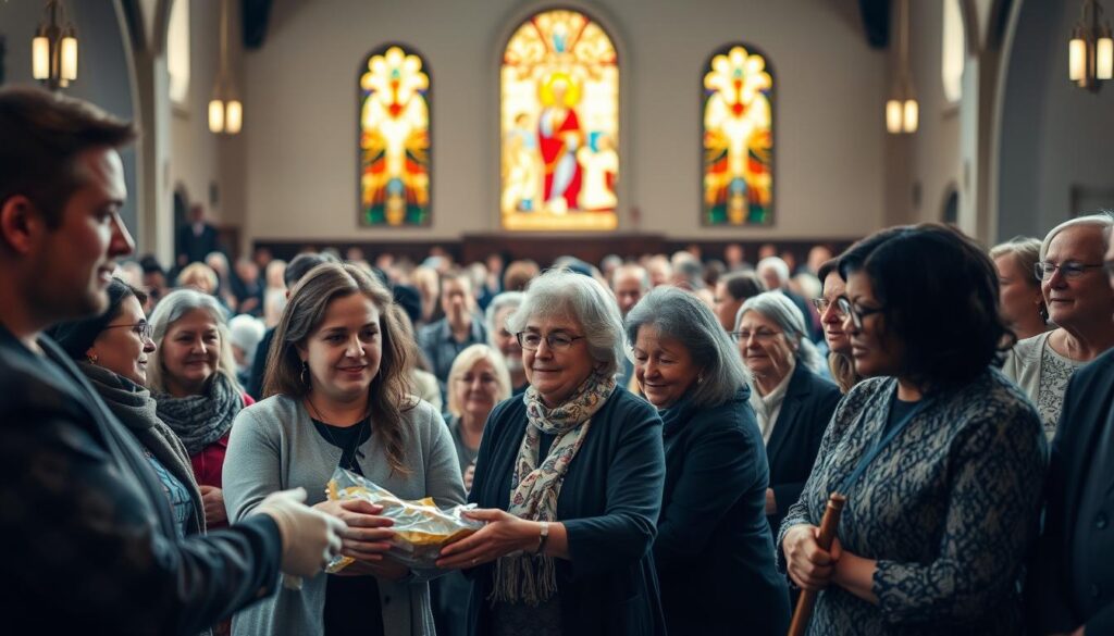 A serene sanctuary filled with a diverse congregation, their faces aglow with purpose. In the foreground, a group of Lutherans engage in acts of service - distributing food, tending to the sick, and embracing the marginalized. The middle ground showcases a sense of unity, as members of various ages and backgrounds work in harmony, their expressions radiating compassion. In the background, stained glass windows cast warm, diffused light, imbuing the scene with a sacred, transcendent atmosphere. The overall composition conveys the Lutheran World Federation's mission of empowering Lutherans worldwide through their core aim of Christian unity and service initiatives.