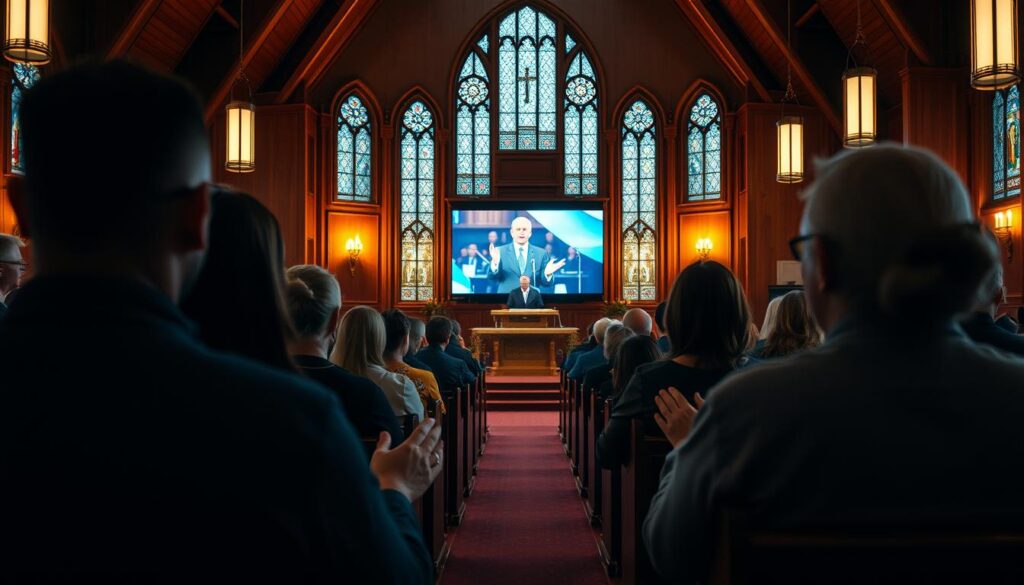 A serene sanctuary filled with warm lighting, congregants reverently watching a live-streamed service on a large screen. Wooden pews, stained glass, and an elegant altar create a contemplative atmosphere. The camera angles capture the intimate, inclusive feel, with close-ups of hands clasped in prayer and faces bathed in the glow of the screen. Subtle camera movements and depth of field draw the viewer into the spiritual experience, conveying the sense of community and connection, even from afar.