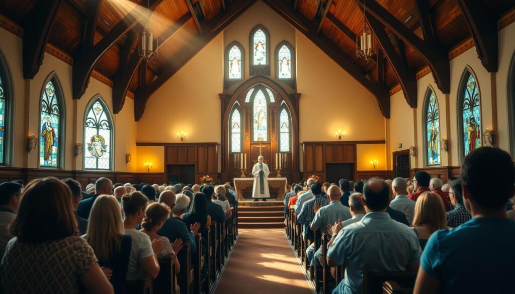 A serene sanctuary with warm, ambient lighting casting a soft glow over a congregation deeply engaged in worship. Pews filled with attentive worshippers, heads bowed in reverence, hands clasped in prayer. At the front, a majestic altar adorned with rich fabrics and elegant candles, presided over by a robed clergy leading the service. Stained glass windows filter sunlight, imbuing the space with a transcendent, ethereal atmosphere. Vaulted ceilings and wooden beams create a sense of timelessness, as the community unites in a sacred ritual of faith and spiritual growth.