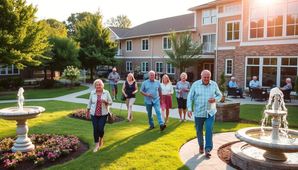 A serene senior living community nestled in a lush, verdant landscape. A well-manicured lawn dotted with blooming flower beds leads to a charming, two-story building with a warm, inviting facade. Residents stroll along neatly paved pathways, enjoying the gentle breeze and the soothing sound of a nearby water fountain. Sunlight filters through large windows, casting a soft, golden glow over the comfortable seating areas and cozy gathering spaces. Elderly individuals engage in lively conversations, their faces radiating contentment and a sense of community. The overall atmosphere exudes a harmonious blend of tranquility, care, and active, enriching lifestyle.
