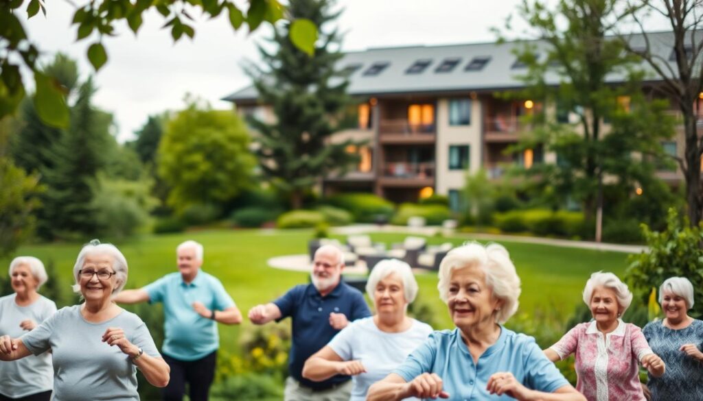 A serene senior living community nestled in a lush, verdant landscape. In the foreground, a group of older adults engage in a gentle exercise class, their faces filled with contentment and focus. The middle ground showcases a well-appointed communal area, with comfortable seating and warm lighting, where residents gather for socialization and group activities. In the background, a modern, energy-efficient building stands tall, its design reflecting a commitment to innovative and evidence-based senior care. The overall atmosphere exudes a sense of security, dignity, and genuine care, perfectly capturing the essence of Lutheran Senior Services' compassionate approach to supporting older adults.