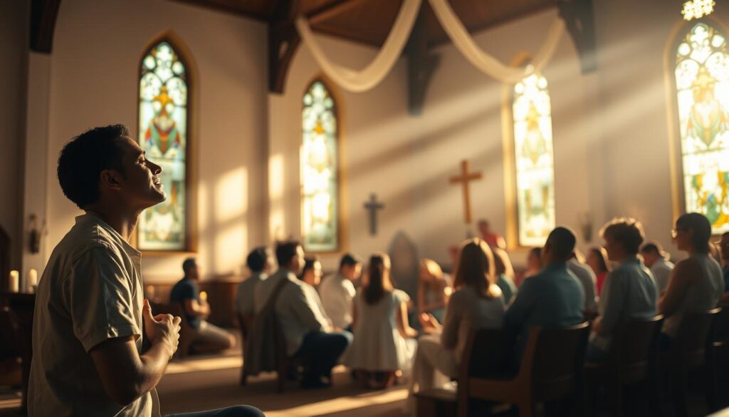 A serene, softly lit sanctuary, sunlight streaming through stained glass windows, casting a warm glow upon a group of worshippers deeply engaged in contemplative prayer and meditation. In the foreground, a single figure kneels in quiet reflection, hands clasped, eyes closed, their face radiating a sense of inner peace and spiritual renewal. In the middle ground, a small circle of individuals sit in a circle, heads bowed, as they engage in thoughtful discussion and faith-sharing. In the background, the space is filled with a sense of sacred presence, with subtle details like candles, religious icons, and the gentle sway of draperies, all contributing to an atmosphere of reverence and personal transformation.
