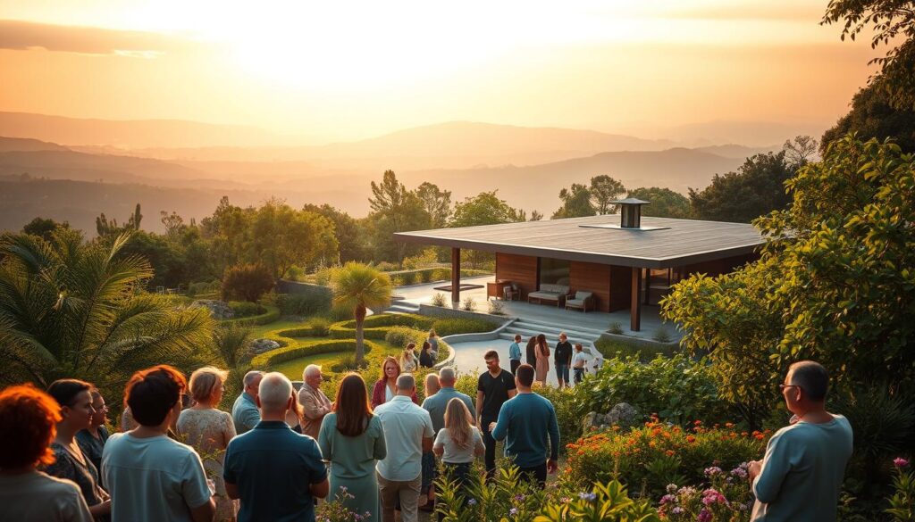A serene spiritual growth community nestled in a lush, verdant landscape. The foreground features a peaceful gathering of people of diverse backgrounds, their faces radiating warmth and inner tranquility as they engage in meaningful dialogue or quiet contemplation. The middle ground showcases a modern, yet inviting architectural structure with clean lines and natural materials, surrounded by a flourishing garden filled with vibrant flowers and swaying trees. In the background, a breathtaking vista of rolling hills and a calming sky bathed in soft, golden light, creating an atmosphere of profound harmony and grace.