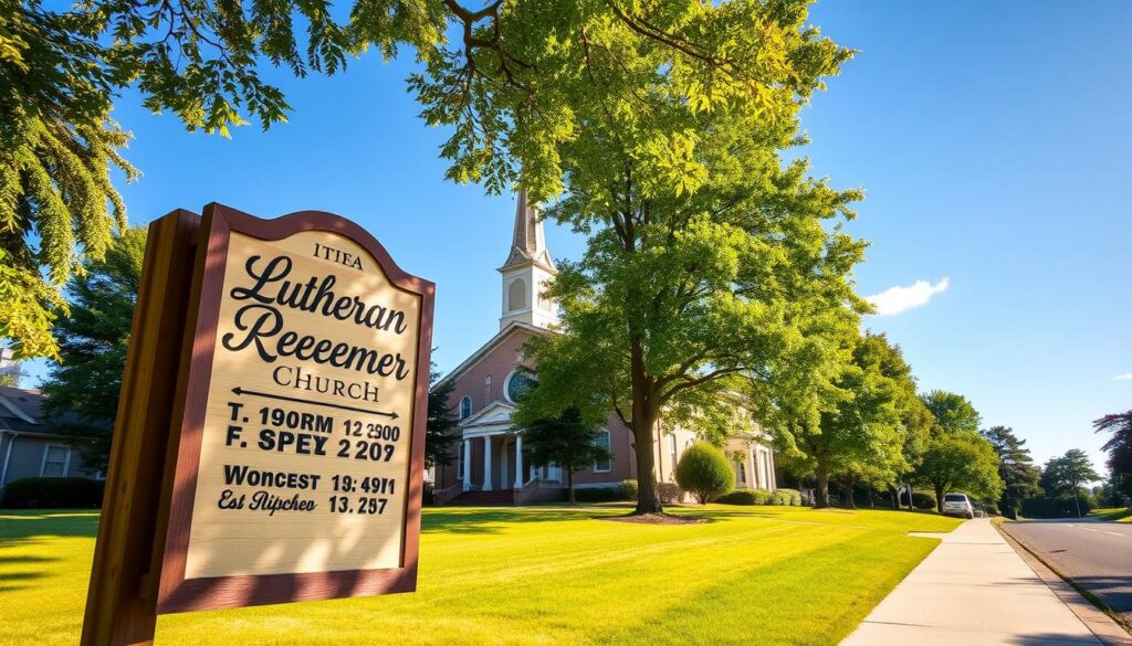 A serene summer afternoon at the Lutheran Redeemer Church, the warm sun casting a golden glow across the well-manicured lawn. In the foreground, a wooden sign displays the church's upcoming worship service schedule, its elegant calligraphy inviting passersby to join the faithful. In the middle ground, the grand, stately church building stands proudly, its steeple reaching towards the cloudless azure sky. Lush, verdant trees line the perimeter, their leafy boughs swaying gently in the soft breeze. An atmosphere of tranquility and reverence pervades the scene, beckoning the community to gather in spiritual contemplation.