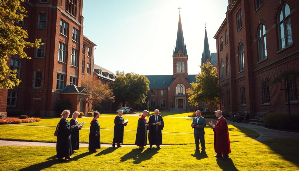 A serene, sun-dappled campus of a Lutheran theological seminary, with neo-Gothic brick buildings and towering spires casting long shadows across manicured lawns. In the foreground, students in academic robes earnestly discuss course materials, while in the middle ground, a group gathers around a professor, engaged in lively theological discourse. The background features a stunning chapel, its stained-glass windows glowing warmly, symbolizing the institution's commitment to nurturing both spiritual and academic excellence.