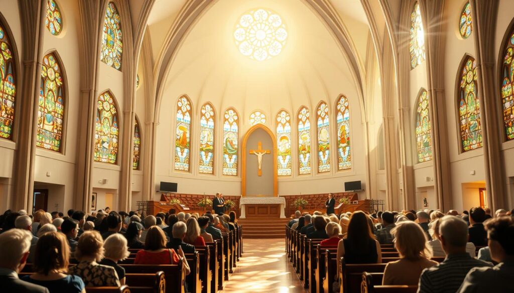 A serene, sun-dappled sanctuary with soaring, arched ceilings and stained-glass windows casting kaleidoscopic patterns of light. In the foreground, a congregation of worshippers, their faces uplifted in reverent contemplation, seated in polished wooden pews. The middle ground features a raised dais with a simple, elegant altar and a choir of angelic voices filling the air with hymns of praise. The background is softly lit, creating a sense of transcendent peace and the presence of the divine.