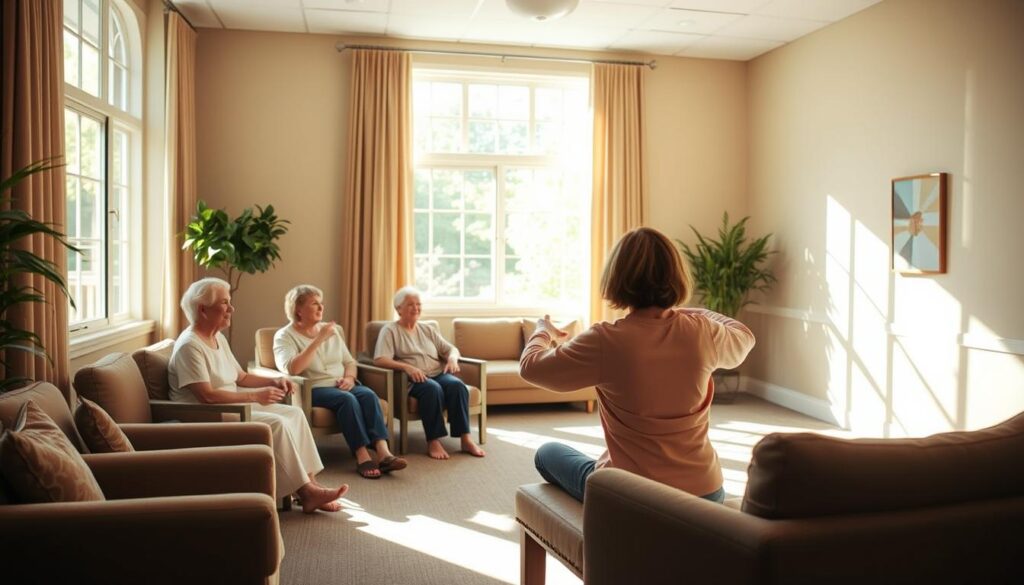 A serene, sun-dappled therapy room with natural light streaming through large windows. Plush, earthy-toned furnishings create a warm, inviting atmosphere. In the foreground, a group of patients engage in gentle, guided exercises under the watchful eye of a compassionate Lutheran rehabilitation therapist. Soft, muted colors and a sense of tranquility convey the comprehensive, holistic approach to recovery. The overall scene exudes a feeling of comfort, care, and spiritual renewal.