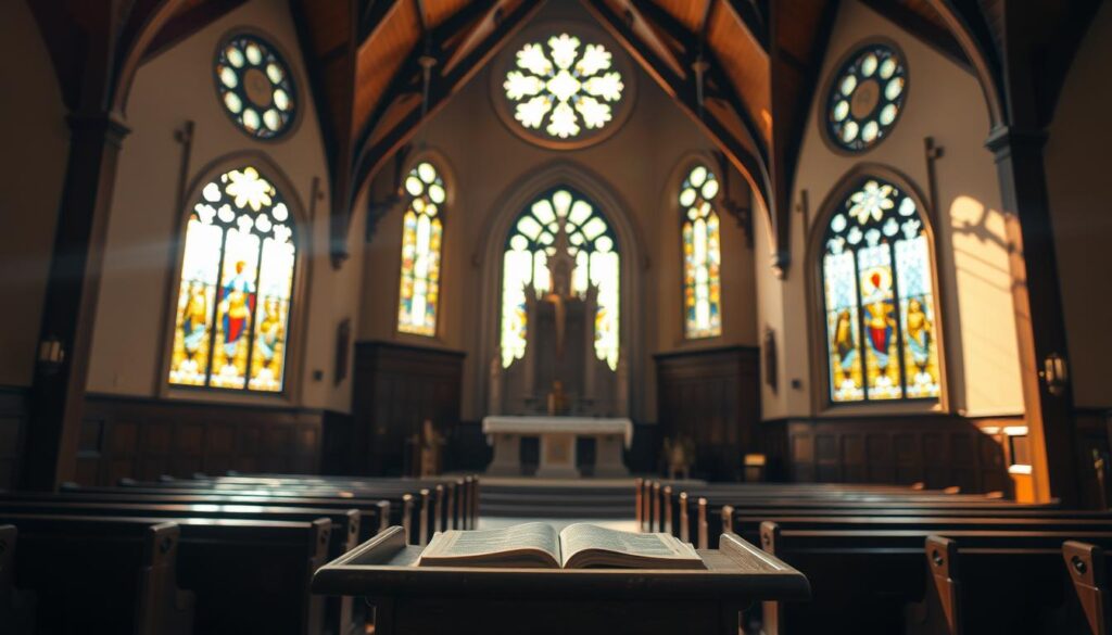 A serene, sunlit sanctuary with ornate, stained-glass windows casting a warm, reverent glow. In the foreground, a simple wooden pulpit stands, its surface adorned with a worn, leather-bound Bible, a testament to the timeless gospel message. Behind it, a vaulted, wooden ceiling soars, supporting a sense of grandeur and the divine. The middle ground features elegant, wooden pews, their polished surfaces reflecting the light, inviting the faithful to gather and worship. In the background, a magnificent, stone altar stands as the centerpiece, its ornate, intricate design symbolizing the profound spiritual truths at the heart of the Lutheran faith.