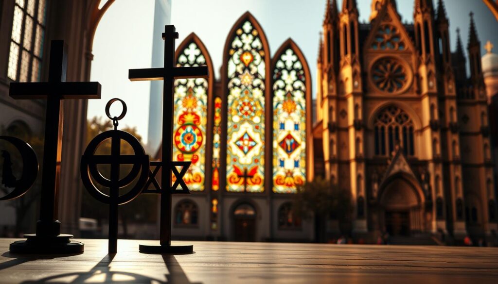 A serene tableau depicting the comparative denominational beliefs, illuminated by warm, natural lighting. In the foreground, a group of religious symbols - a cross, a crescent moon, a Star of David - stand in harmonious juxtaposition, each casting a distinct yet complementary shadow. In the middle ground, a triptych of ornate stained-glass windows showcases the diverse interpretations of faith, their intricate patterns and colors subtly blending. The background features a grand cathedral, its soaring Gothic architecture symbolizing the rich historical tapestry of Christian denominations. The overall composition conveys a sense of contemplative reverence, inviting the viewer to explore the nuances of belief.