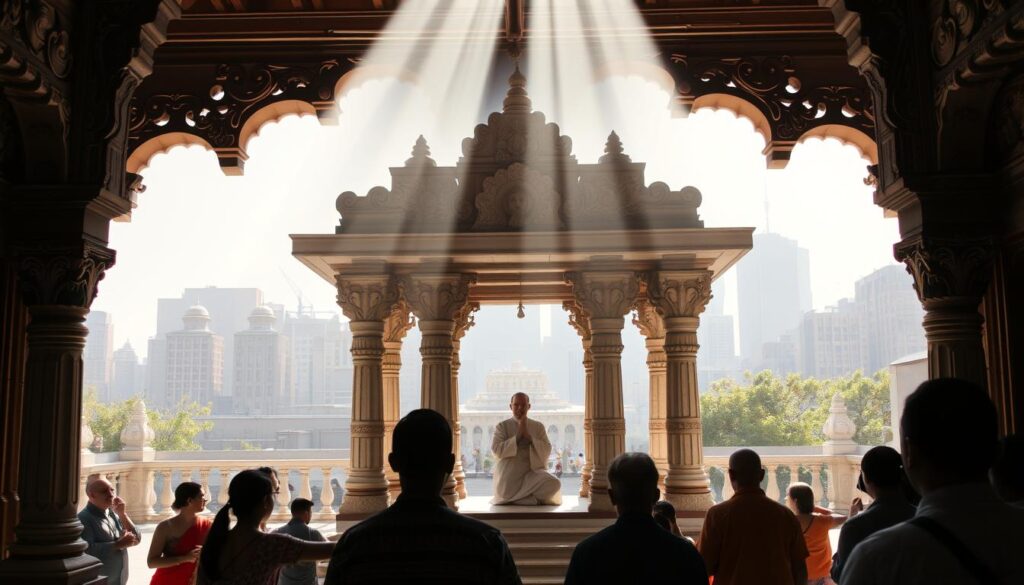 A serene temple courtyard in New York City, sunlight filtering through ornate carved arches, illuminating a group of devotees engaged in reverent worship. In the foreground, a group of visitors stands in awe, admiring the intricate details of the temple's architecture, their expressions one of wonder and contemplation. In the middle ground, a priest offers blessings, the gentle chanting of mantras creating a meditative atmosphere. In the background, the bustling city skyline serves as a contrast, reminding visitors of the tranquility found within the temple's sacred walls.