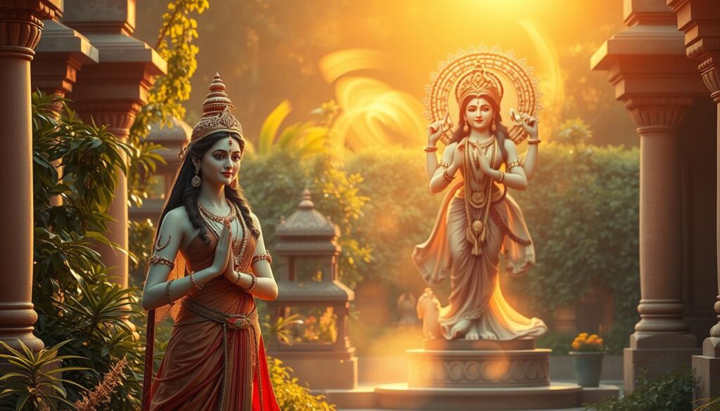 A serene temple garden, bathed in warm golden light. In the foreground, three divine feminine forms emerge - Parvati, the embodiment of motherly love and protection, stands gracefully with a tranquil expression. Flanking her, the goddess Lakshmi radiates prosperity and abundance, her ornate attire shimmering. Behind them, a lush backdrop of verdant foliage and swirling, ethereal energy evokes the mystical essence of the Hindu pantheon. Elegant poses, intricate details, and a sense of timeless reverence permeate the scene, inviting the viewer to bask in the captivating world of the divine feminine.