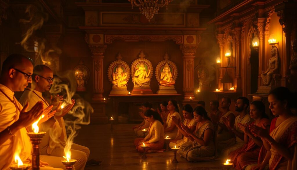 A serene temple interior, dimly lit by flickering oil lamps. In the foreground, a group of priests perform ancient Vedic rituals, their hands gracefully moving through intricate mudras. Wisps of fragrant incense drift through the air, creating an ethereal atmosphere. In the middle ground, devotees kneel reverently, their faces filled with devotion as they chant Vedic mantras. The background is adorned with ornate carvings and sculptures of Hindu deities, each radiating a divine aura. The scene is bathed in a warm, golden glow, conveying a sense of timelessness and spiritual transcendence.