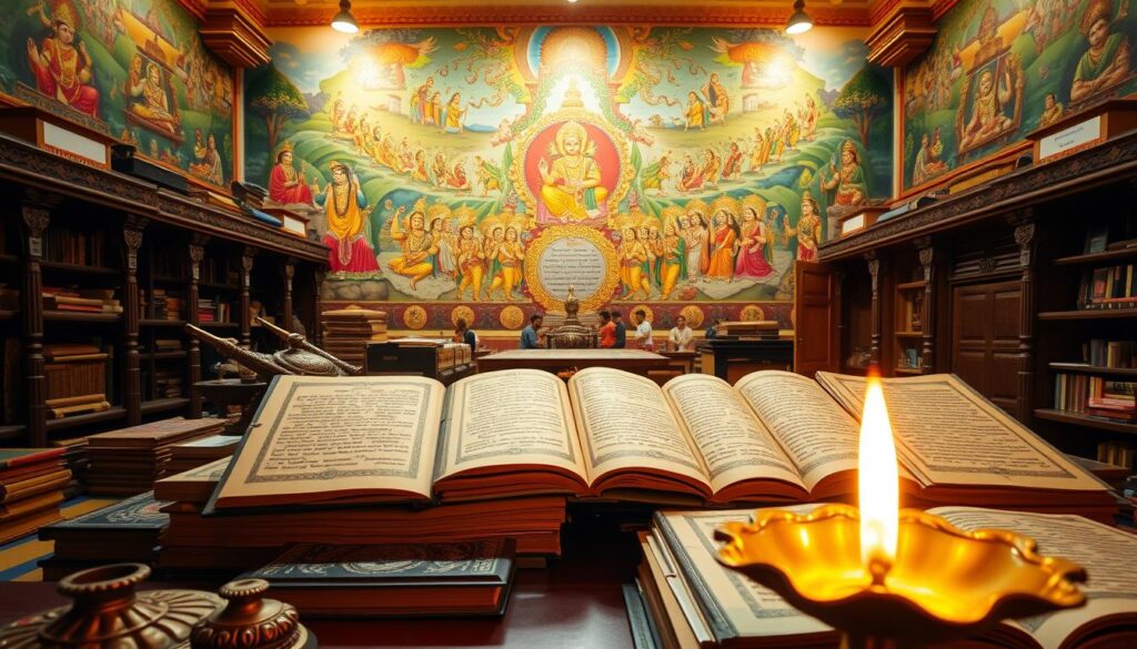 A serene temple library with ornate Hindu scriptural manuscripts and scrolls, illuminated by warm, soft lighting. In the foreground, an intricate brass oil lamp casts a glowing hue. The middle ground features a collection of sacred texts in various languages, their covers adorned with intricate carvings and gilded patterns. In the background, a vast mural depicts scenes from Hindu epics, the colors vibrant and the brushstrokes masterful. The atmosphere is one of reverence and contemplation, inviting the viewer to immerse themselves in the depth and breadth of Hindu spiritual wisdom.