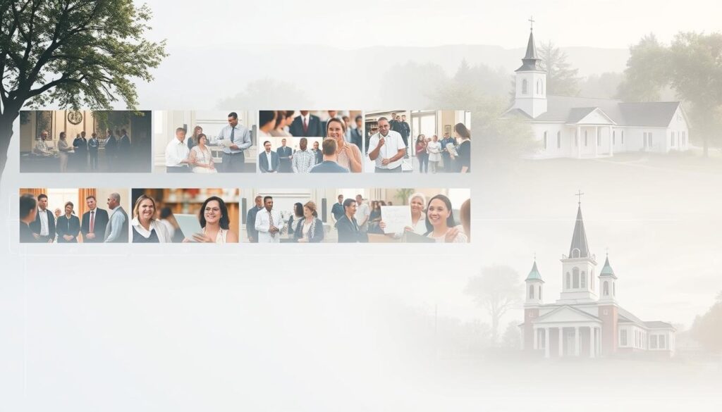 A serene timeline depicting the community impact of the Lutheran Zion Church. In the foreground, a series of snapshots showcasing the church's history - from its modest beginnings to its present-day vitality, each moment captured with warm, natural lighting. The middle ground features a collage of community outreach events, volunteers in action, and congregants engaged in worship. In the background, a stylized landscape of the church's architecture and surrounding neighborhood, rendered in soft, muted tones that evoke a sense of timelessness and belonging. The overall composition conveys the enduring legacy of the Lutheran Zion Church and its profound influence on the lives of its faithful community.