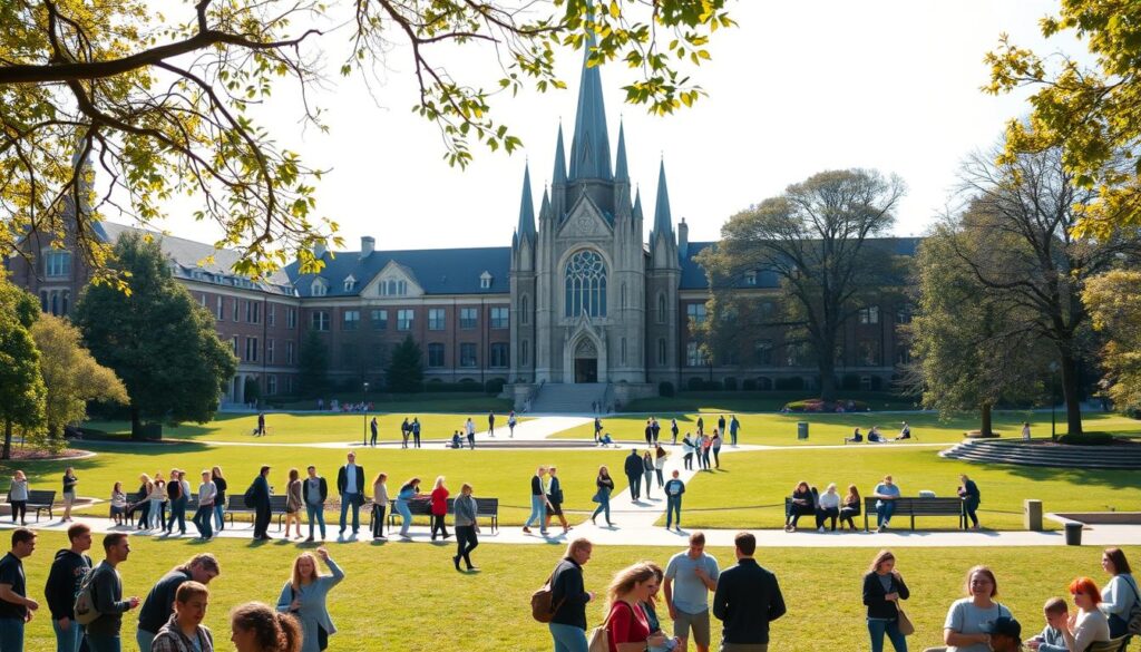 A serene university campus on a sunny day. In the foreground, students gather in small groups, engaged in lively discussions and collaborative activities. The middle ground features a well-manicured quad, with people leisurely strolling or sitting on benches, immersed in their studies. In the background, a grand, neo-Gothic style chapel stands tall, its spires reaching towards the sky, symbolizing the institution's Christian heritage. The lighting is soft and warm, casting a gentle glow over the scene. The overall atmosphere is one of academic pursuit, social engagement, and spiritual enrichment, capturing the essence of campus life at this Lutheran university.
