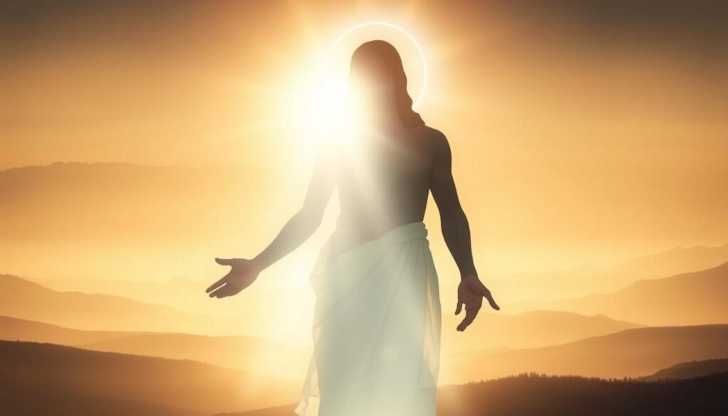 A serene visual representation of the Hypostatic Union, the profound doctrine that Jesus Christ is both fully divine and fully human. In the foreground, a glowing, ethereal figure of Christ, radiating a soft, heavenly light. The figure is surrounded by a halo, symbolizing his divine nature. In the middle ground, a human form, representing Christ's human nature, seamlessly integrated with the divine. The background depicts a tranquil, contemplative landscape, with muted colors and subtle shadows, creating a contemplative, meditative atmosphere. Warm, diffused lighting illuminates the scene, lending a sense of reverence and mystery. The composition conveys the harmony and unity of Christ's dual nature, a visual manifestation of the Hypostatic Union.