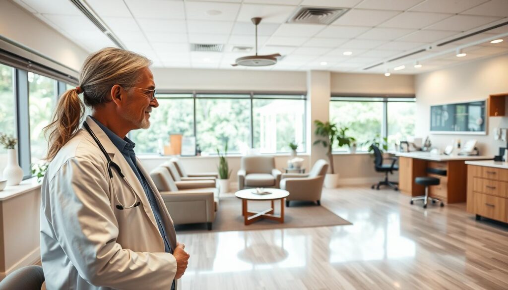 A serene, well-equipped medical office with a warm, inviting atmosphere. In the foreground, a caring doctor listens intently to a patient, their body language conveying empathy and attentiveness. The middle ground features a modern, ergonomic layout with comfortable seating and soothing decor, creating a sense of tranquility. The background showcases large windows that flood the space with natural light, symbolizing the openness and transparency of the patient-centered care philosophy. The overall scene exudes a calming, professional ambiance that puts the patient at ease and reinforces the clinic's commitment to quality healthcare.