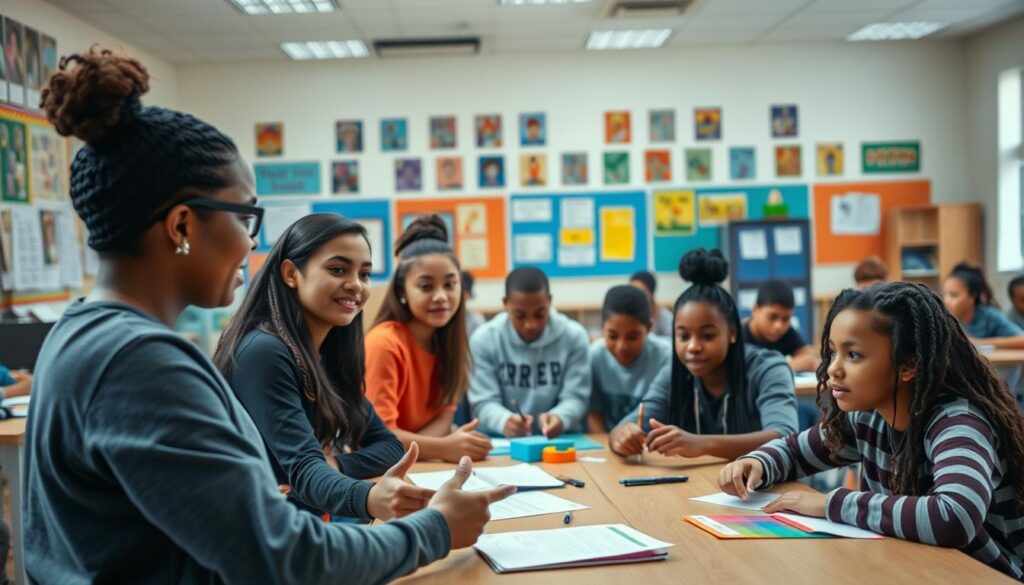 A serene, well-lit classroom setting where a diverse group of young people, their faces filled with determination and hope, engage in interactive learning activities. In the foreground, a teacher guides them through a thoughtful discussion, their body language exuding empowerment and encouragement. In the middle ground, the students work collaboratively on projects, their expressions animated and engaged. The background showcases vibrant wall displays and educational resources, conveying a nurturing, supportive environment that fosters personal growth and community. The overall scene radiates a sense of boundless potential, as these youth embark on a transformative journey of self-discovery and meaningful impact.