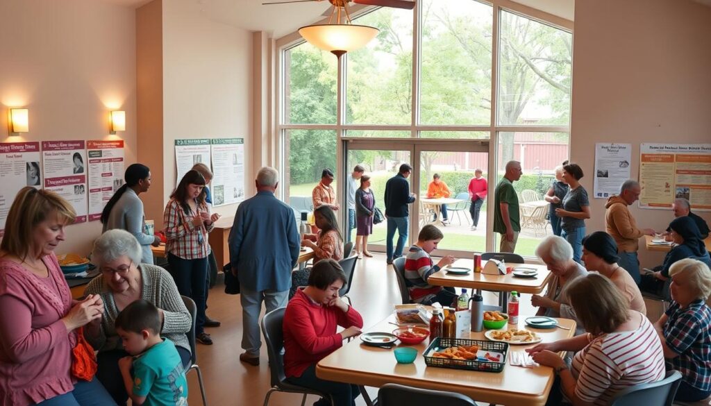 A serene, well-lit community center, its warm lighting casting a welcoming glow. In the foreground, a group of people of diverse ages and backgrounds engaged in various activities - a senior citizen teaching a young child how to knit, a group of teenagers playing board games, and a family preparing a meal together. The middle ground features informative posters and flyers showcasing upcoming events and programs, from educational workshops to sports leagues and social gatherings. In the background, large windows offer a glimpse of a lush, well-maintained outdoor space, where people of all ages are gathered, sharing stories and building connections. The overall atmosphere exudes a sense of inclusivity, community, and a shared commitment to enriching the lives of the neighborhood.