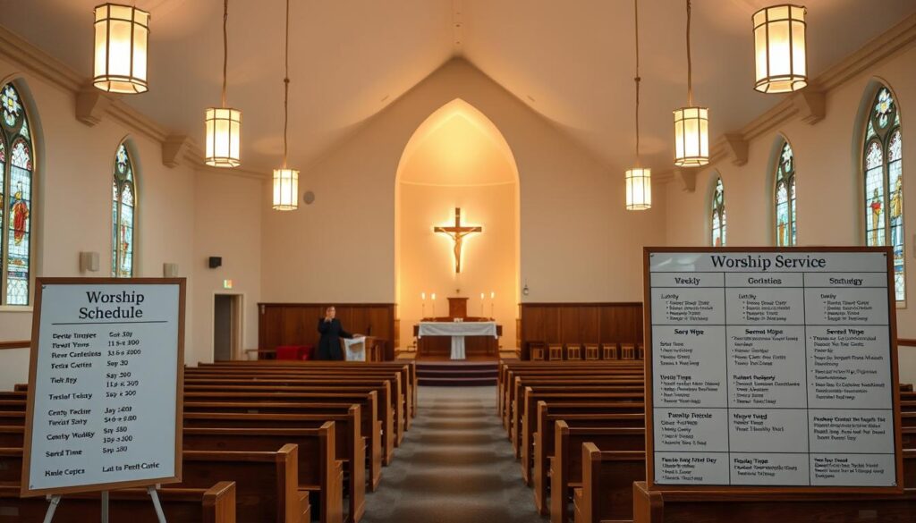 A serene, well-lit interior of a Lutheran church, with rows of pews arranged in a spacious sanctuary. The altar stands prominently in the middle ground, adorned with a simple cross and flickering candles. Elegant stained-glass windows line the walls, casting a warm, ethereal glow throughout the space. In the foreground, a neatly organized bulletin board displays the church's weekly worship service schedule, with service times, sermon topics, and other relevant information. The overall atmosphere conveys a sense of reverence, tranquility, and community.