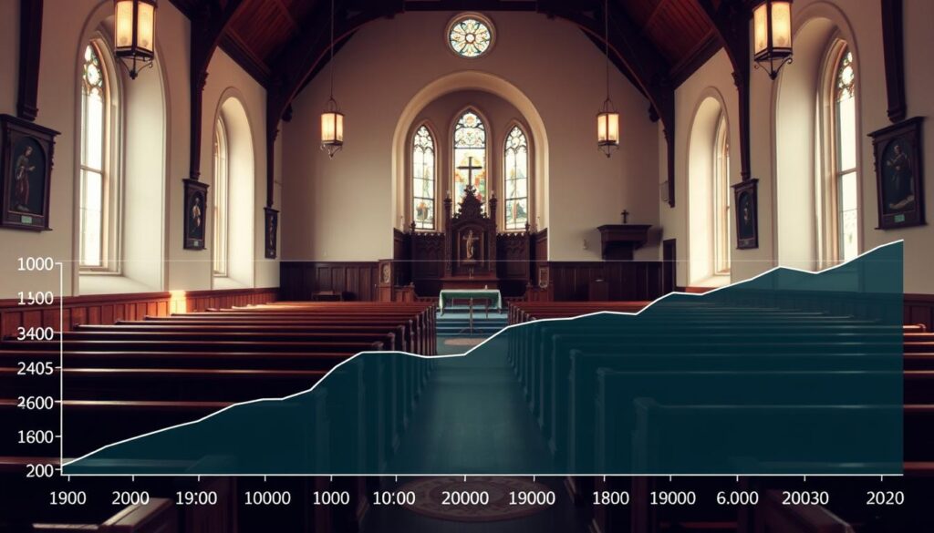 A serene, well-lit interior of a traditional Swedish Lutheran church, its wooden pews and ornate altar bathed in soft, natural light streaming through stained glass windows. In the foreground, a chart or graph depicting the historical trends of church membership over time, conveying the gradual yet significant impact of Lutheranism on Swedish society. The middle ground showcases intricate religious iconography and architectural details, highlighting the church's role as a central institution. The background blends the warm, muted tones of the church's interior with the tranquil, pastoral landscapes visible through the windows, creating a sense of timeless reverence and cultural heritage.