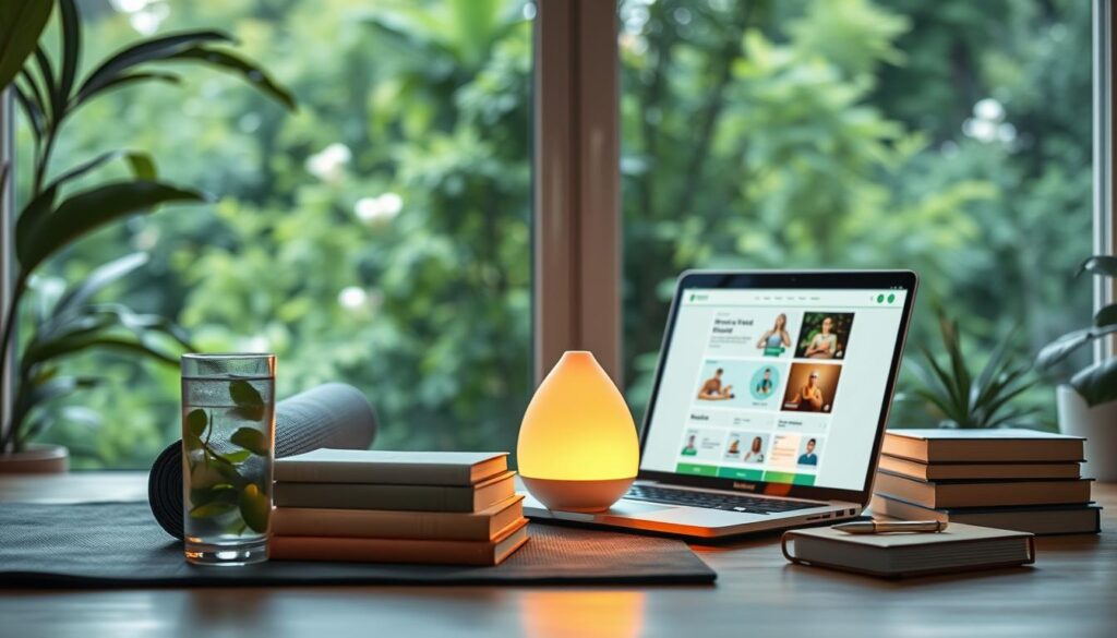 A serene wellness oasis with a lush, verdant backdrop. In the foreground, an array of wellness resources are artfully arranged - a yoga mat, a glass of infused water, a stack of health-focused books, and a beautifully crafted essential oil diffuser casting a warm, soothing glow. The middle ground features a sleek, modern laptop displaying a vibrant, user-friendly healthcare portal, symbolizing the convenience of digital wellness resources. Soft, natural lighting filters through large windows, creating a calming, rejuvenating atmosphere. The overall scene conveys a sense of balance, mindfulness, and a holistic approach to personal health and wellbeing.