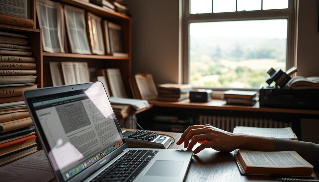 A serene workspace where technology and faith intertwine. In the foreground, a laptop displays intricate Bible translation software, its screen illuminated by soft, warm lighting. Surrounding it, neatly organized reference materials, including ancient texts and language dictionaries, create an atmosphere of intellectual pursuit. In the middle ground, a pair of skilled hands delicately manipulate digital tools, seamlessly bridging the modern and the timeless. In the background, a tranquil window offers a glimpse of a verdant landscape, symbolizing the global reach and impact of this vital work. The scene conveys a sense of dedicated focus, innovation, and the reverent preservation of sacred knowledge.