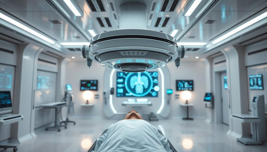 A sleek, futuristic medical facility filled with cutting-edge technology. In the foreground, a state-of-the-art diagnostic machine hovers above a patient, its sophisticated sensors and probes scanning for the slightest irregularity. The middle ground showcases an array of holographic displays, each conveying real-time data and high-resolution medical imagery. In the background, a vast, minimalist space with clean lines, subtle lighting, and a calming, hygienic atmosphere. The entire scene exudes a sense of precision, innovation, and unwavering commitment to providing the highest quality of care.