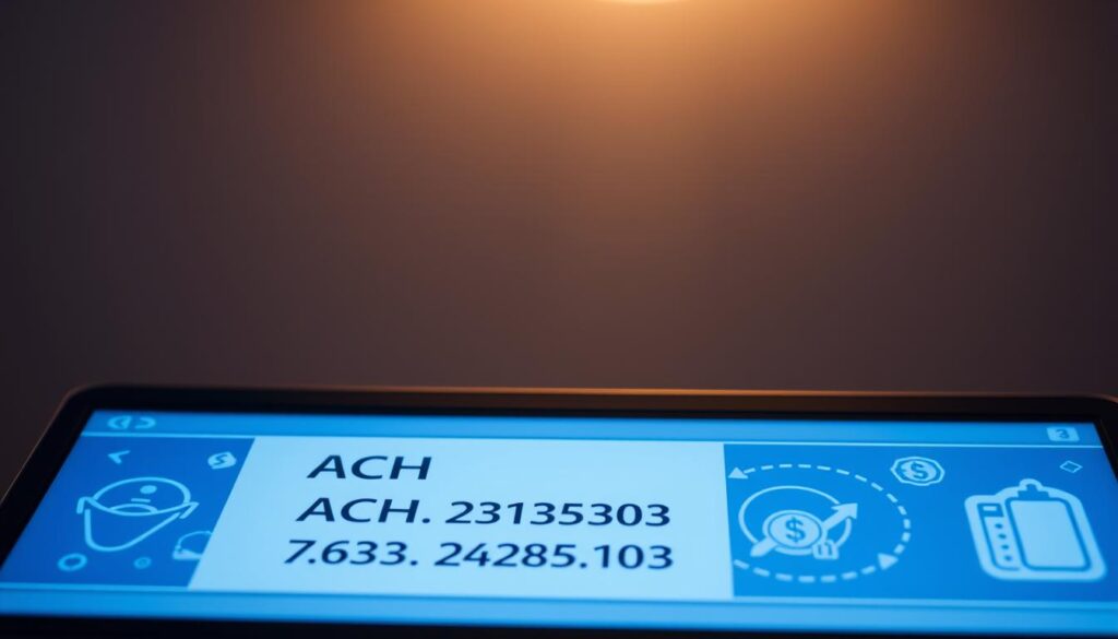 A sleek, modern banking interface showcases the details of ACH and wire transfer routing numbers. In the foreground, a clean digital display presents the key information, with crisp typography and an intuitive layout. The middle ground features stylized icons and graphic elements that visually represent the flow of financial transactions. The background subtly blends shades of blue and gray, evoking a sense of trust, security, and professionalism. Subtle lighting casts a warm glow, creating depth and highlighting the key details. The overall composition conveys a seamless, user-friendly experience for managing electronic fund transfers.