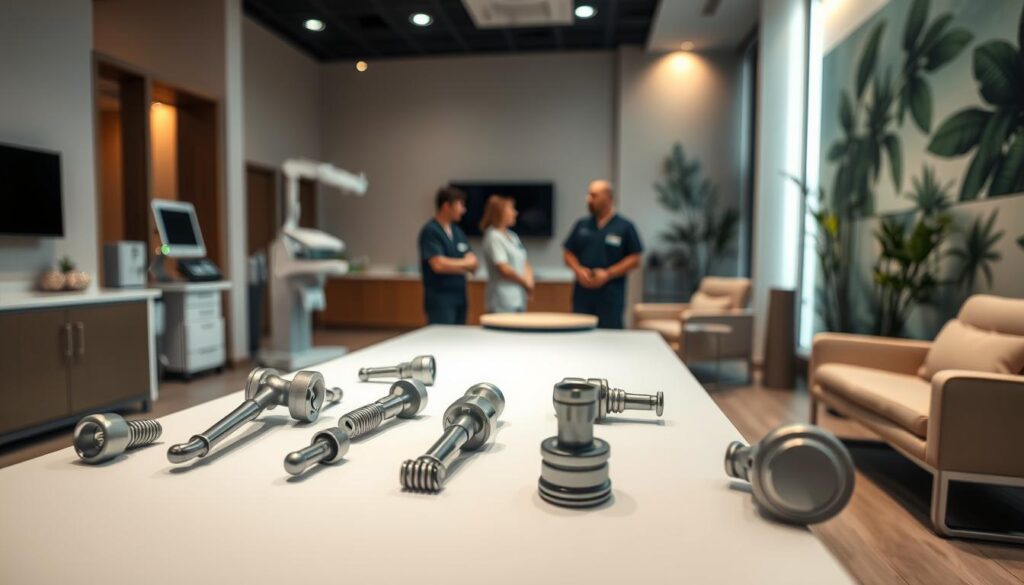A sleek, modern medical clinic interior with state-of-the-art joint replacement equipment prominently displayed. The foreground features various prosthetic joints and implants, arranged neatly on a clean, well-lit examination table. The middle ground showcases a team of attentive, compassionate orthopedic surgeons in scrubs, discussing options with a patient. The background depicts a soothing, serene waiting area with comfortable seating and calming nature-inspired decor, conveying a sense of care and professionalism. Warm, diffused lighting casts a welcoming glow, and the overall atmosphere exudes a balance of advanced medical technology and patient-centric design.