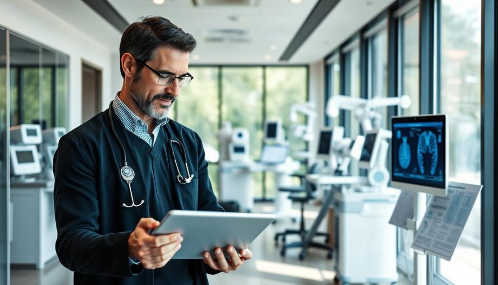 A sleek, modern medical office setting with a warm, welcoming atmosphere. In the foreground, a doctor reviews personalized treatment plans displayed on a high-resolution tablet, their expression thoughtful and attentive. The middle ground showcases various state-of-the-art diagnostic equipment and medical charts, conveying the advanced nature of the lutheran endocrinology practice. The background features floor-to-ceiling windows, allowing natural light to flood the space and create a sense of openness and transparency. The overall mood is one of professionalism, innovation, and a deep commitment to providing personalized, compassionate care.