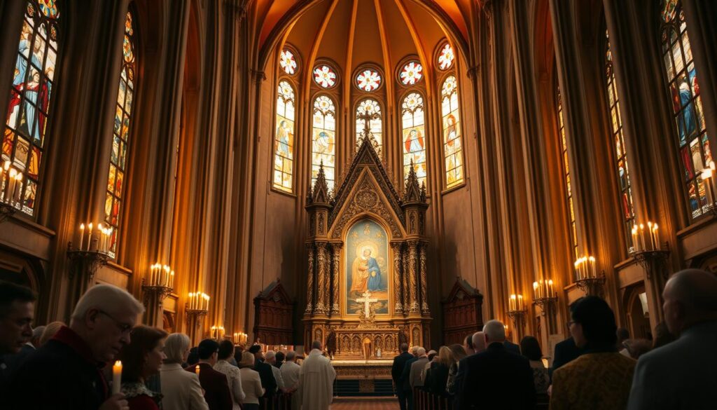 A soaring cathedral interior, bathed in warm golden light filtering through stained glass windows. In the foreground, a Byzantine-style iconostasis screen adorned with intricate religious imagery, separating the congregation from the sanctuary. Clergy in ornate vestments perform a liturgical service, their movements fluid and graceful. Worshippers stand in reverent observation, their faces illuminated by flickering candles. The space exudes a sense of timeless spiritual transcendence, blending Byzantine and Lutheran traditions into a harmonious, awe-inspiring whole.