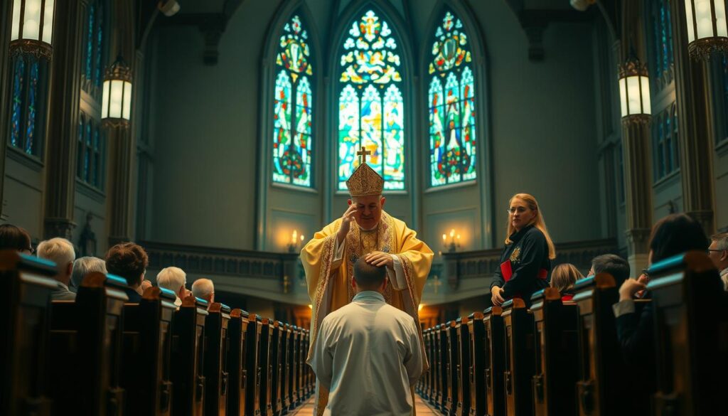 A solemn church interior, bathed in soft, warm lighting. At the center, a bishop in ornate vestments lays his hands upon the head of a kneeling congregant, bestowing the sacrament of Confirmation. Stained glass windows cast kaleidoscopic hues, creating an atmosphere of reverence and the holy presence of the Spirit. Elegant wooden pews and ornate altar fixtures frame the sacred scene, evoking the timeless tradition of the Catholic faith. The facial expressions of the participants convey a sense of profound spiritual transformation, as the confirmand is sealed with the gifts of the Holy Ghost.