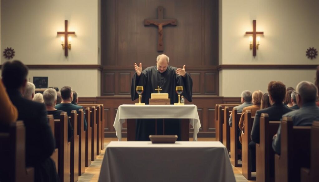 A solemn church interior, bathed in soft, warm lighting. At the center, a simple wooden table adorned with a pristine white cloth, the elements of the Lord's Supper - the bread and wine - arranged reverently. In the foreground, a Lutheran pastor, robed in a flowing black cassock, extends his hands in a gesture of blessing over the sacrament. The congregation, seated in pews behind him, faces the altar with an atmosphere of quiet contemplation and spiritual connection. The scene conveys the essence of Lutheran liturgy - a sacred ritual of remembrance, communion, and renewal, rooted in tradition yet alive in the modern world.
