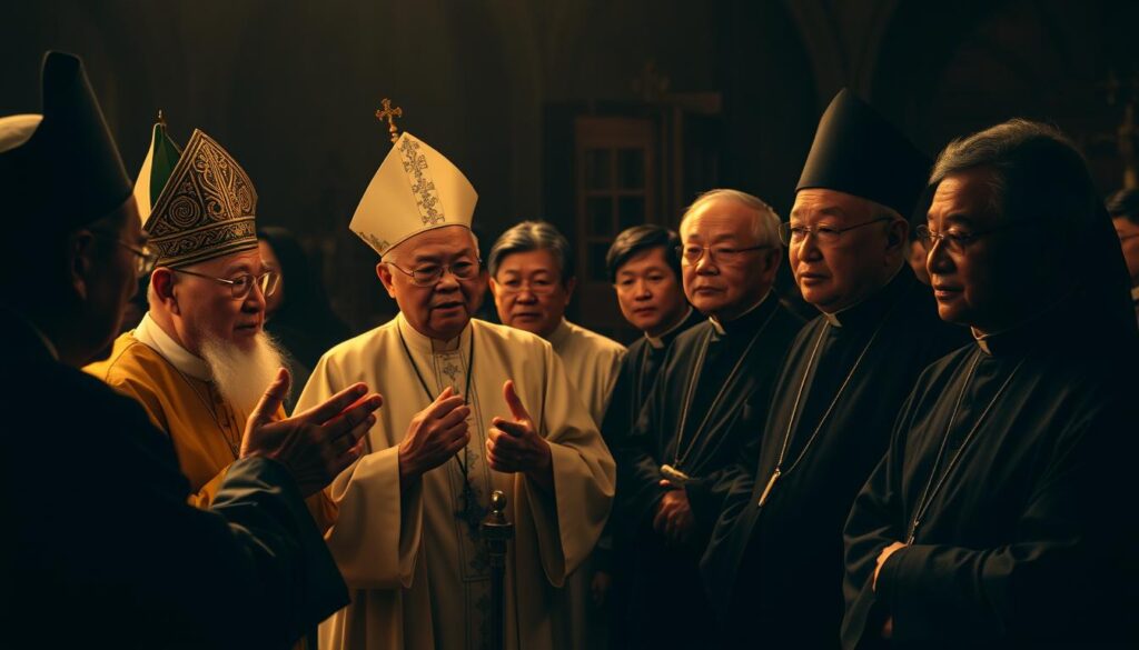 A solemn gathering of Catholic leaders in a dimly lit chamber, their faces cast in soft, warm light, conveying a sense of reverence and contemplation. In the foreground, a group of elders in traditional robes and headdresses, deep in discussion, their hands gesturing with measured movements. In the middle ground, a younger generation of clergy listening intently, their expressions a mix of respect and anticipation. The background is shrouded in shadow, hinting at the weight of history and the significance of this transitional moment in the church's presence in China.