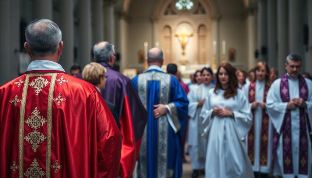 A solemn procession of clergy adorned in vibrant liturgical vestments, the rich colors and intricate patterns casting a reverent glow under soft, diffused lighting. In the foreground, a Lutheran priest's chasuble shimmers with gold embroidery, its deep crimson hue signifying the solemnity of the occasion. Behind, a deacon's dalmatic in shades of royal blue and purple adds depth and ceremonial grandeur. In the middle ground, the albs of the acolytes flow gracefully, their pure white fabric a canvas for the ornate stoles and cinctures they wear. In the background, the altar and sanctuary come into focus, the space imbued with a sense of sacred mystery and devotion.