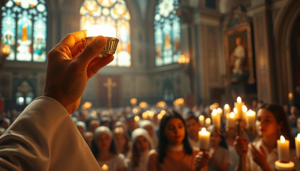 A solemn, reverent depiction of the Eucharist as the Body and Blood of Christ. In the foreground, a priest's hands hold up the consecrated Host, glowing with a soft, divine light. The middle ground shows a congregation of devout worshippers, their faces transfixed with a sense of awe and devotion. In the background, an ornate Catholic church interior, with stained glass windows casting a warm, ethereal glow. The scene conveys the profound mystery and sacramental presence of Christ in the Eucharist, central to Catholic faith and worship.