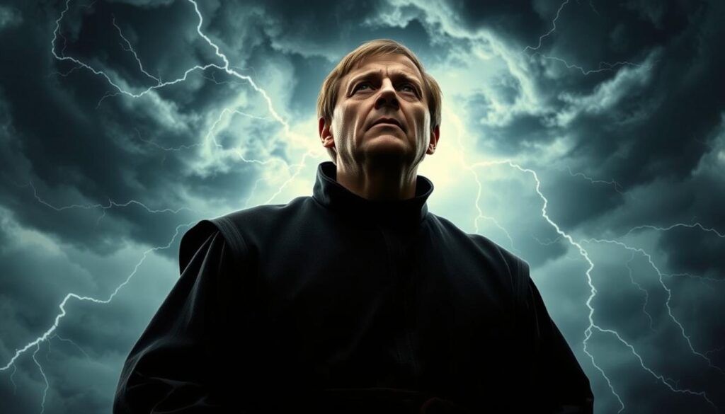 A solitary figure, Martin Luther, stands amidst a raging thunderstorm, his face etched with anguish and revelation. Dramatic lighting illuminates his features, casting deep shadows that accentuate the intensity of his spiritual crisis. The roiling clouds above swirl with electric energy, mirroring the turmoil within. Luther's monastic robes billow in the wind, symbolizing his call to a life of devotion and contemplation. The scene is rendered with a cinematic flair, capturing the pivotal moment when Luther's faith is tested and transformed, setting the stage for the birth of Lutheranism.