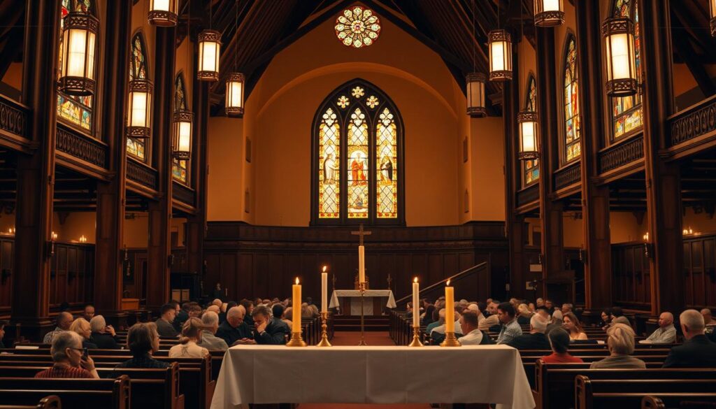 A spacious Lutheran church interior, with high vaulted ceilings and stained glass windows casting warm, golden light. In the foreground, the altar stands solemnly, adorned with a simple white cloth and lit candles. Congregants sit in the middle ground, heads bowed in reverent worship, their faces etched with solemn contemplation. The background is a harmonious blend of traditional wooden pews and rich, earthy tones, evoking a sense of timeless spiritual tradition. The overall atmosphere is one of serene, meditative devotion, capturing the essence of Lutheran worship practices.